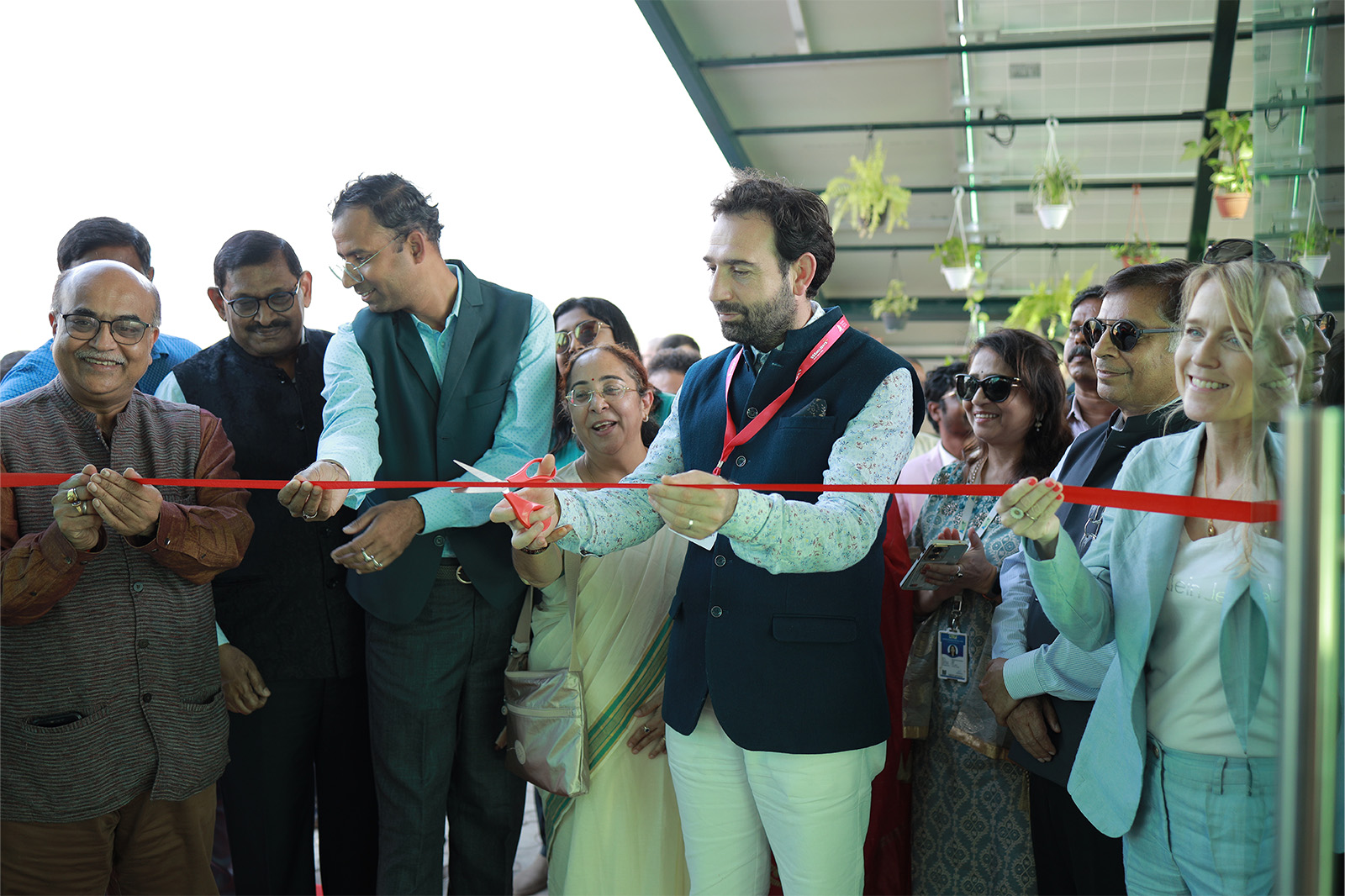 Dr. Jitendra Sharma, MD & Founder CEO of AMTZ, alongside Dr. Shirshendu Mukherjee, Mission Director of Grand Challenges India, and HaKob, during the inauguration of the STARTUP ARMENIA FOUNDATION office at AMTZ's advanced health and medical care technology campus in India
