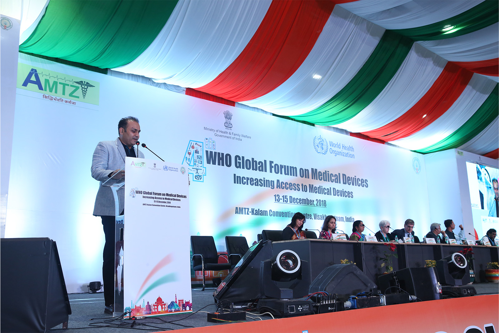 Dr. Jitendra Sharma & Virendra Sehwag converse amidst the WHO Global Forum on Medical Devices at AMTZ Health Care Technology and Medical Technology campus in India.